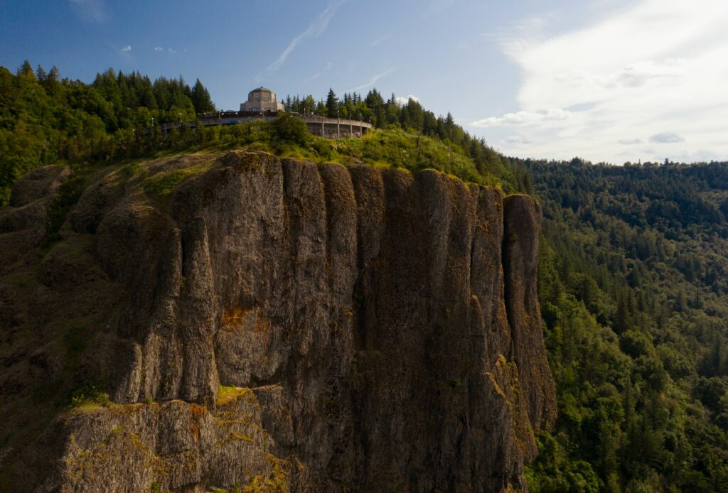 Looking up at Crown Vista House in the Columbia River Gorge